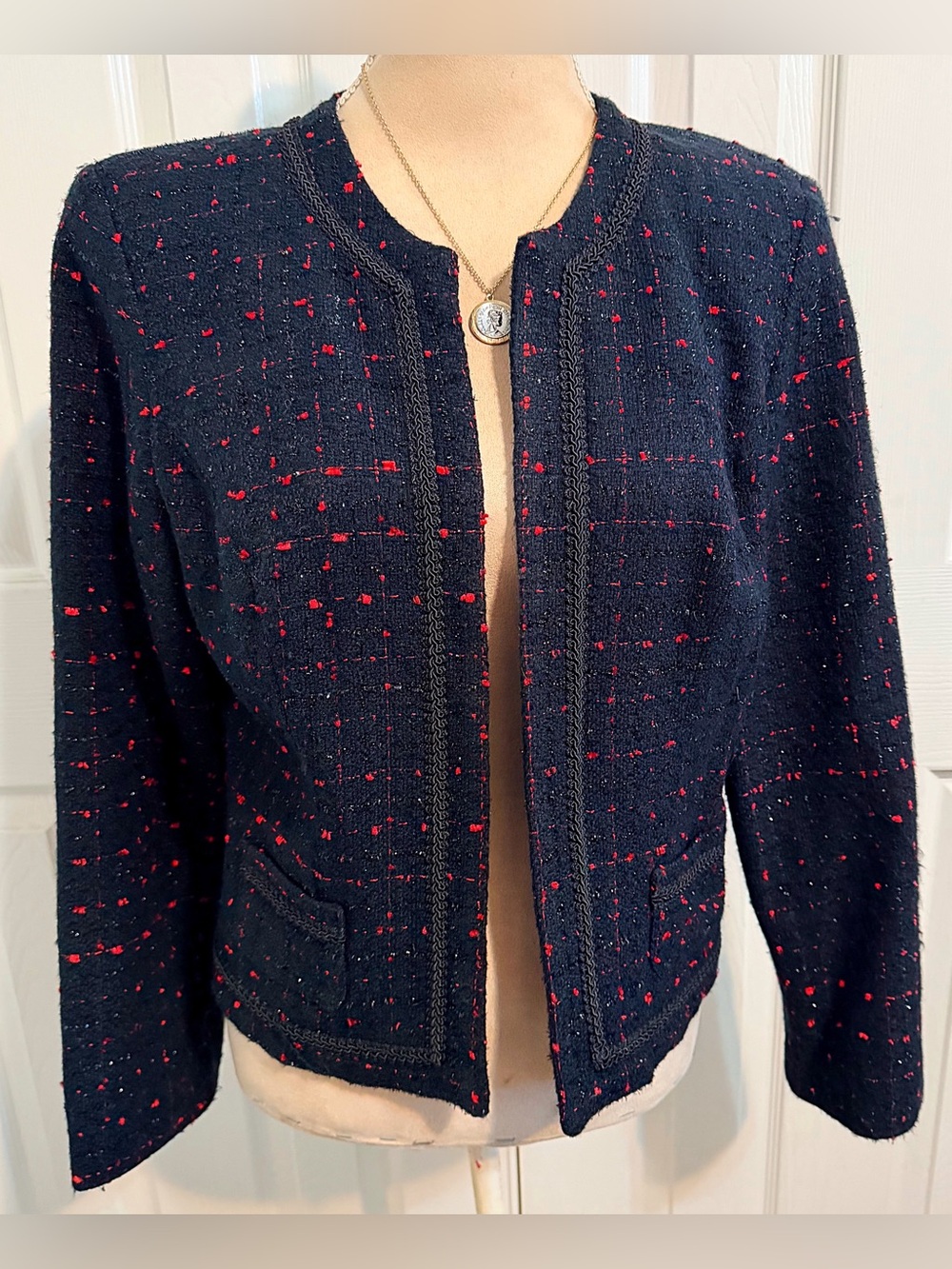 Mica, Black Collarless Tweed Open-Front, Cropped Jacket with Red Fleck